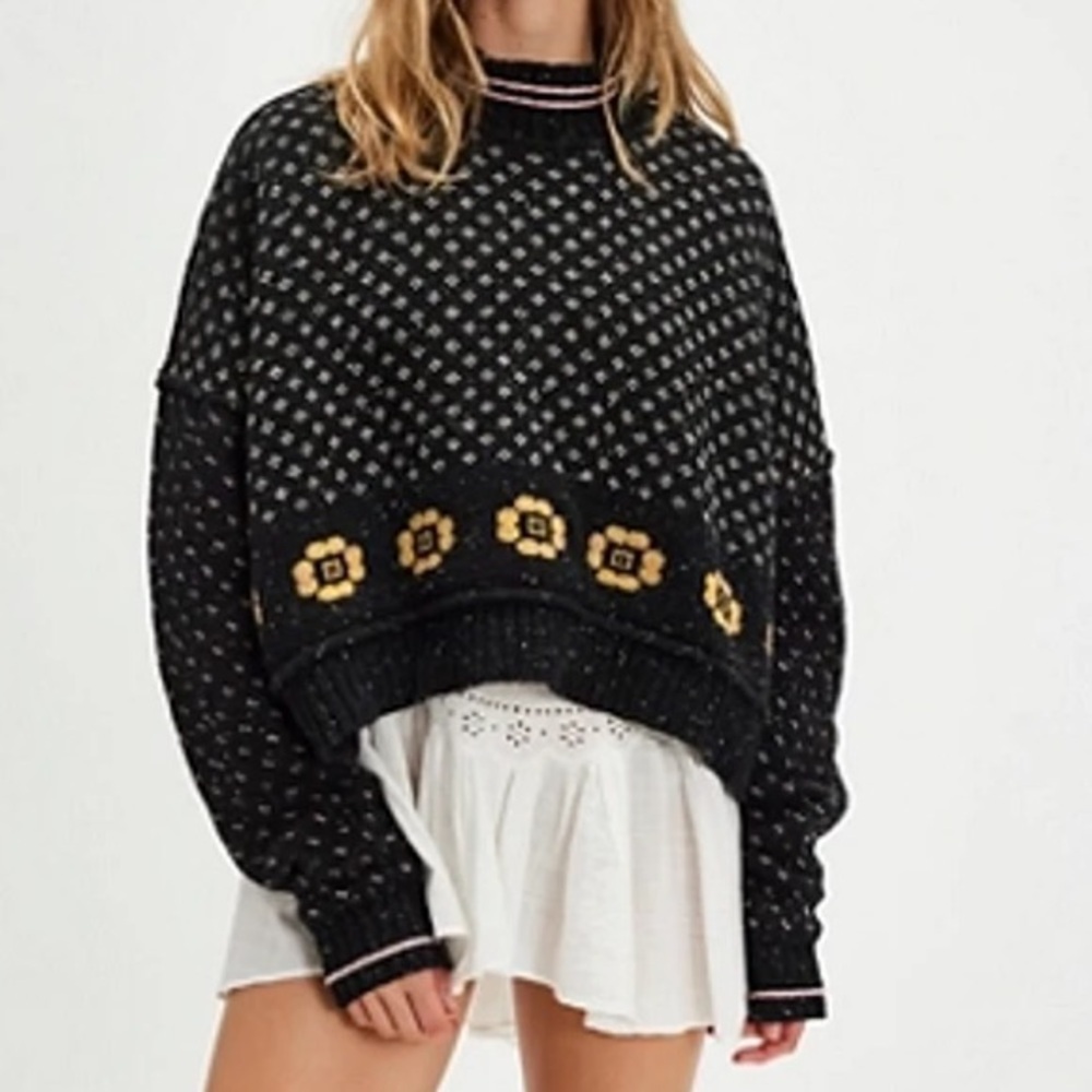 Free People Flower Patch Black Floral Knit Wool Blend Mock Neck Pullover Sweater - Picture 2 of 9